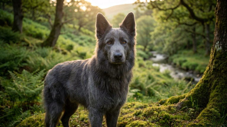 Un magnifique Berger Blue Bay au pelage gris posant dans une forêt verdoyante près d'un ruisseau au coucher du soleil.