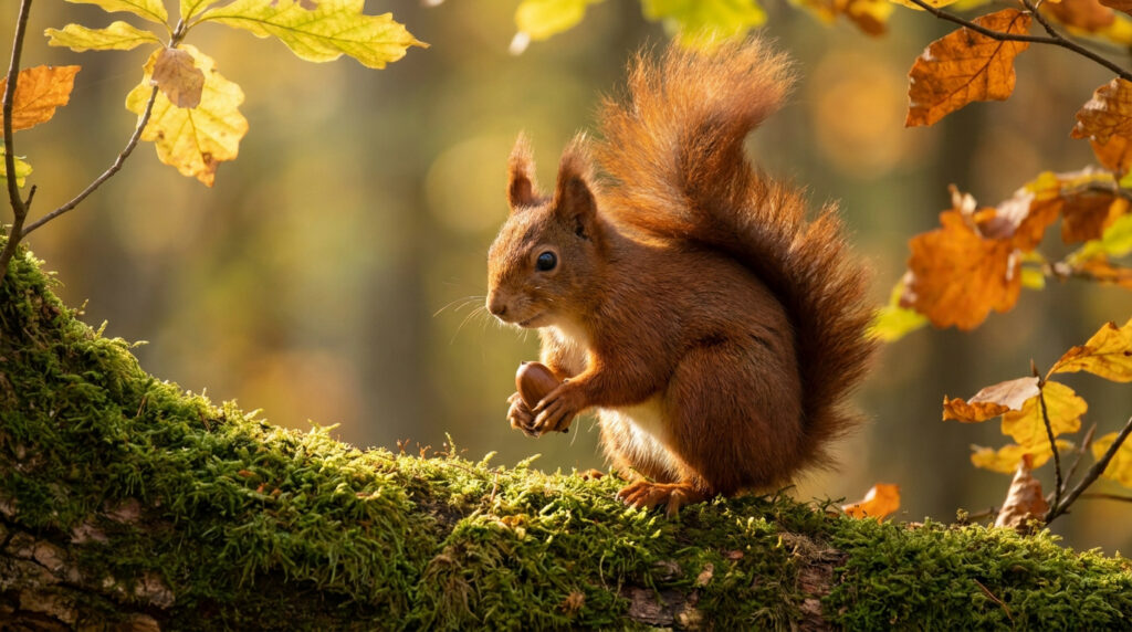 Un écureuil roux tenant une noisette sur une branche recouverte de mousse dans une forêt automnale.