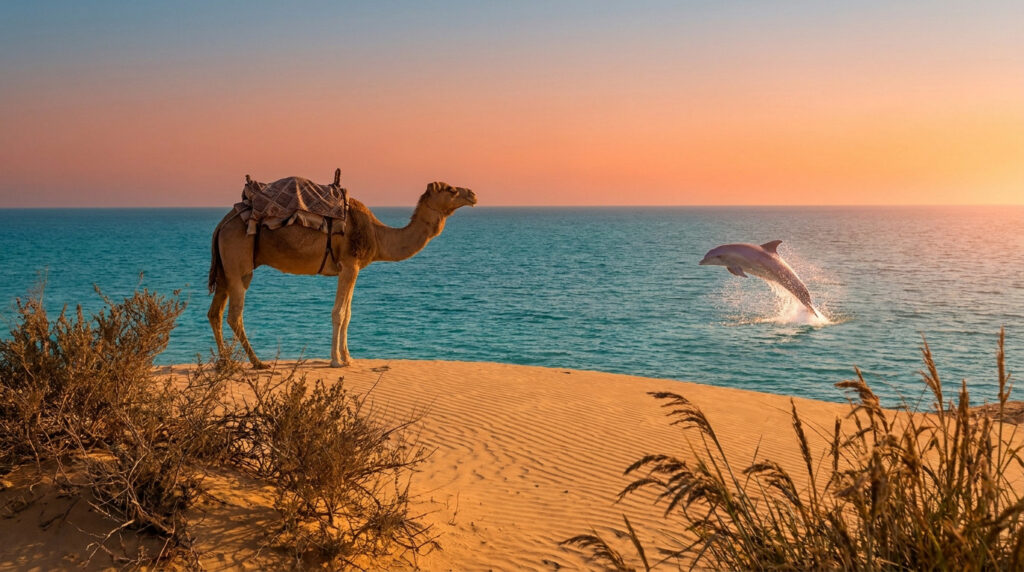 Un chameau sur une dune de sable regarde un dauphin sauter hors de l'eau turquoise au coucher du soleil.