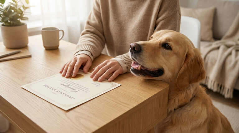 Une personne assise à un bureau avec son chien à côté d'un certificat d'adoption officiel.
