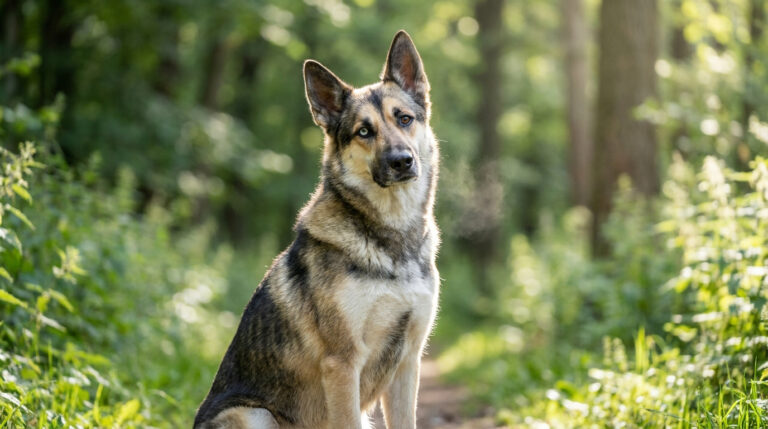 Un chien de type Belusky aux yeux vairons assis sur un sentier forestier ensoleillé.