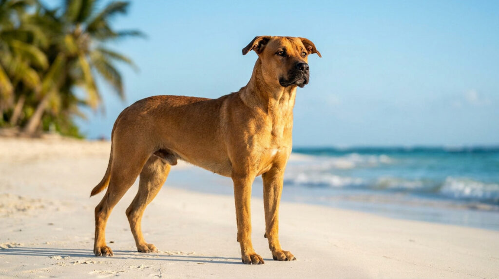 Un chien de type berger créole au pelage fauve se tient debout sur une plage de sable blanc avec des palmiers.