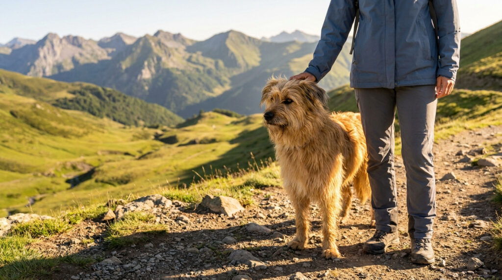 Un chien de berger des Pyrénées au pelage fauve aux côtés de son maître sur un sentier de montagne.