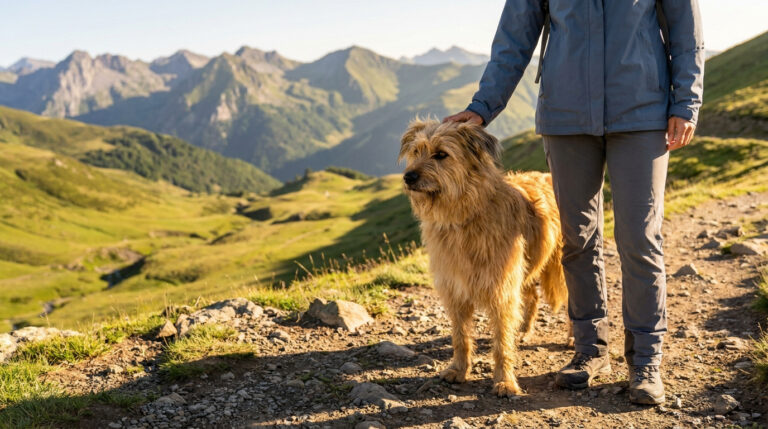 Un chien de berger des Pyrénées au pelage fauve aux côtés de son maître sur un sentier de montagne.