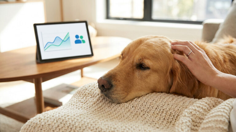Une personne caresse un Golden Retriever près d'une tablette affichant un graphique financier.
