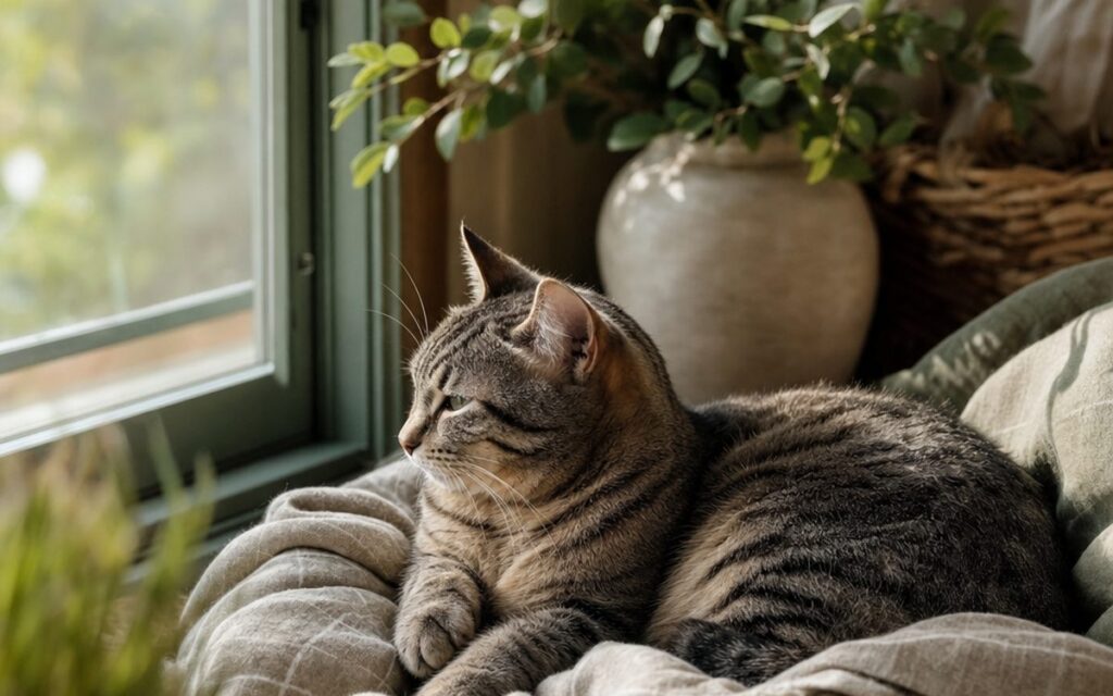 Chat paisible sur un plaid