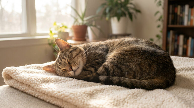 Un chat tigré dort paisiblement en boule sur une couverture en laine blanche sous la lumière d'une fenêtre.