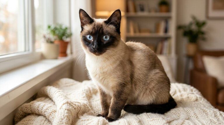 Un chat de type Siamois aux yeux bleus intenses assis sur un plaid en laine blanc près d'une fenêtre.