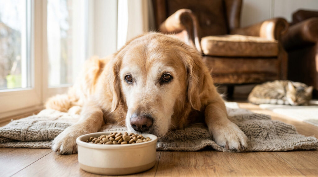 Un chien golden retriever âgé allongé sur un tapis devant une gamelle de croquettes, avec un chat endormi en arrière-plan.