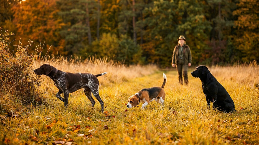Une femme chasseresse accompagnée de trois chiens de chasse dans un champ en automne.
