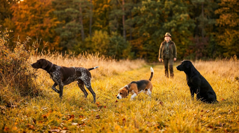 Une femme chasseresse accompagnée de trois chiens de chasse dans un champ en automne.