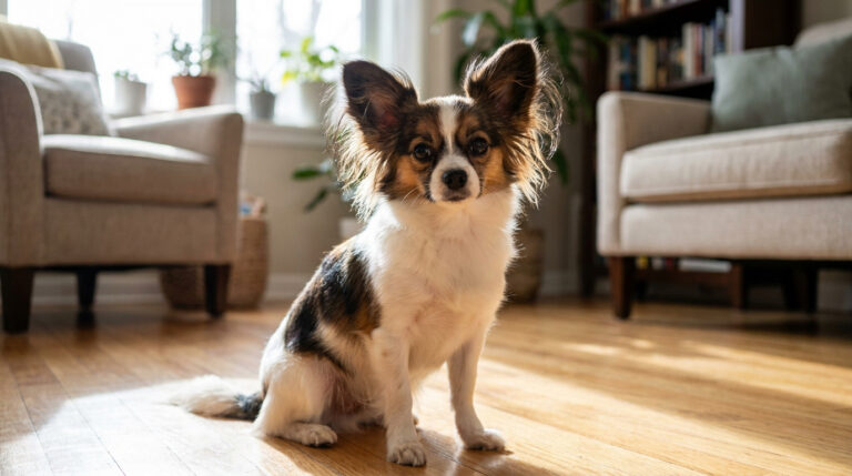 Un petit chien chihuahua papillon tricolore assis sur un parquet en bois dans un salon lumineux.