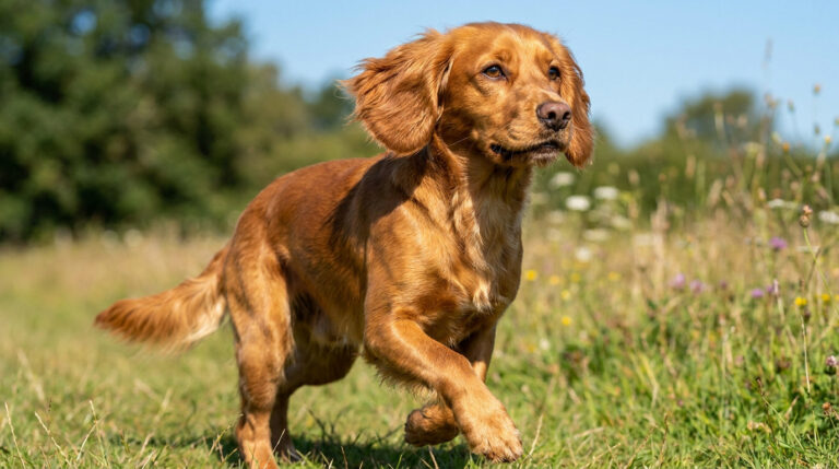 Un Working Cocker Spaniel au pelage doré courant joyeusement dans un champ ensoleillé.
