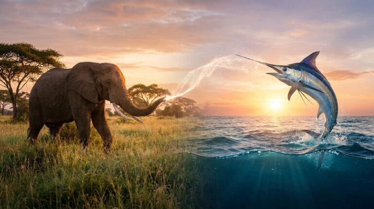 Un éléphant dans la savane projette de l'eau vers un espadon sautant hors de l'océan dans un coucher de soleil onirique.