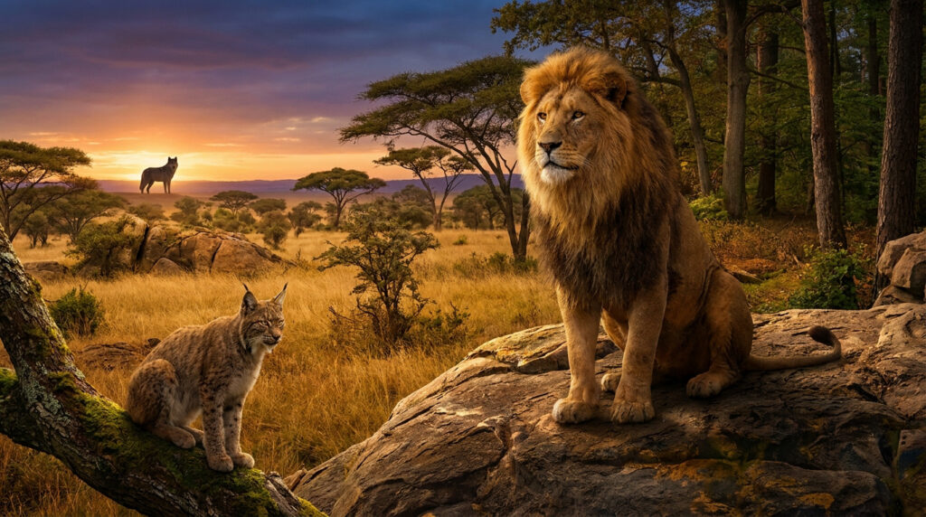 Un lion majestueux et un lynx réunis dans une savane au crépuscule avec un loup au loin.