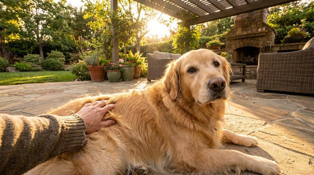 Une main caresse un Golden Retriever couché sur une terrasse ensoleillée au milieu d'un jardin.