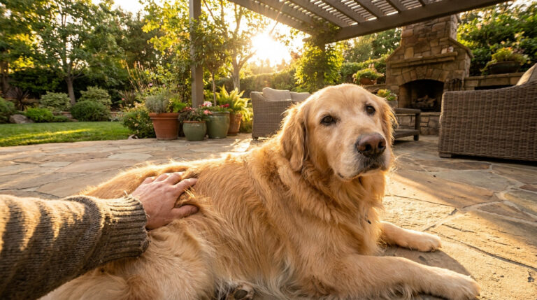 Une main caresse un Golden Retriever couché sur une terrasse ensoleillée au milieu d'un jardin.