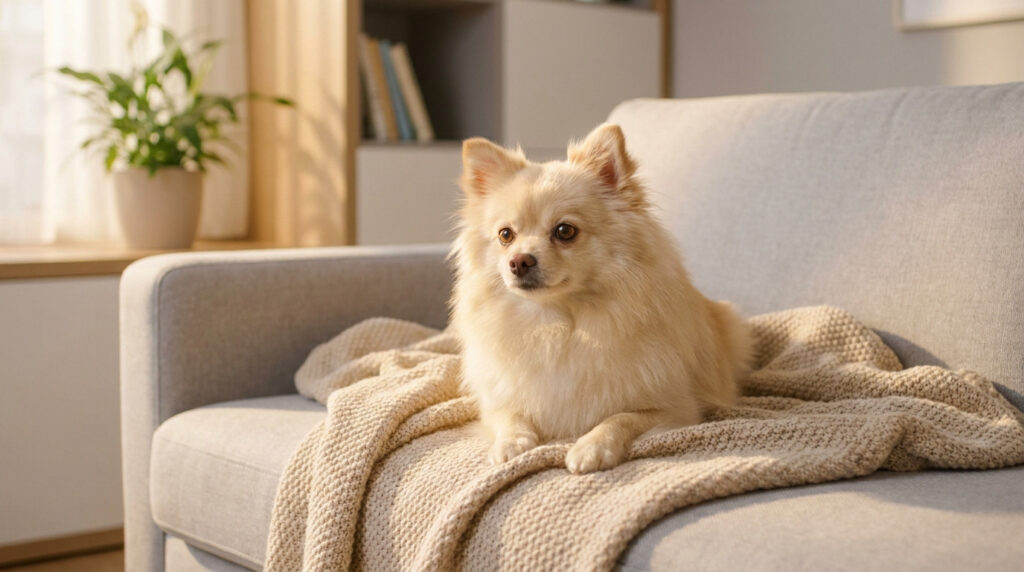 Un petit chien de type Spitz crème assis confortablement sur un canapé gris avec un plaid en maille.