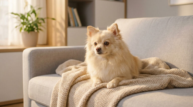 Un petit chien de type Spitz crème assis confortablement sur un canapé gris avec un plaid en maille.