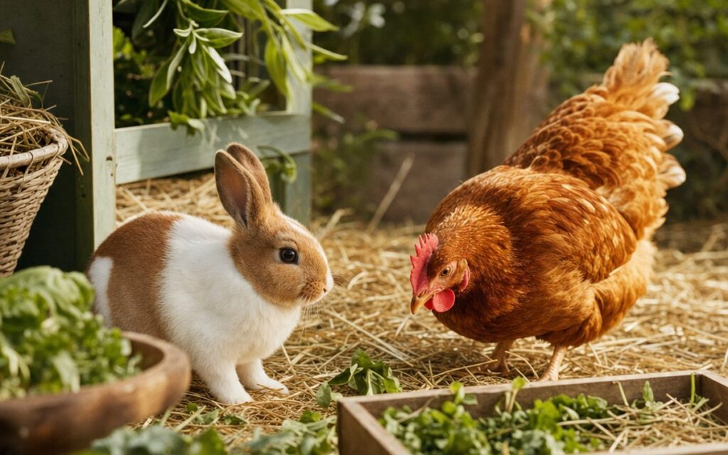 Lapin et poule dans un enclos