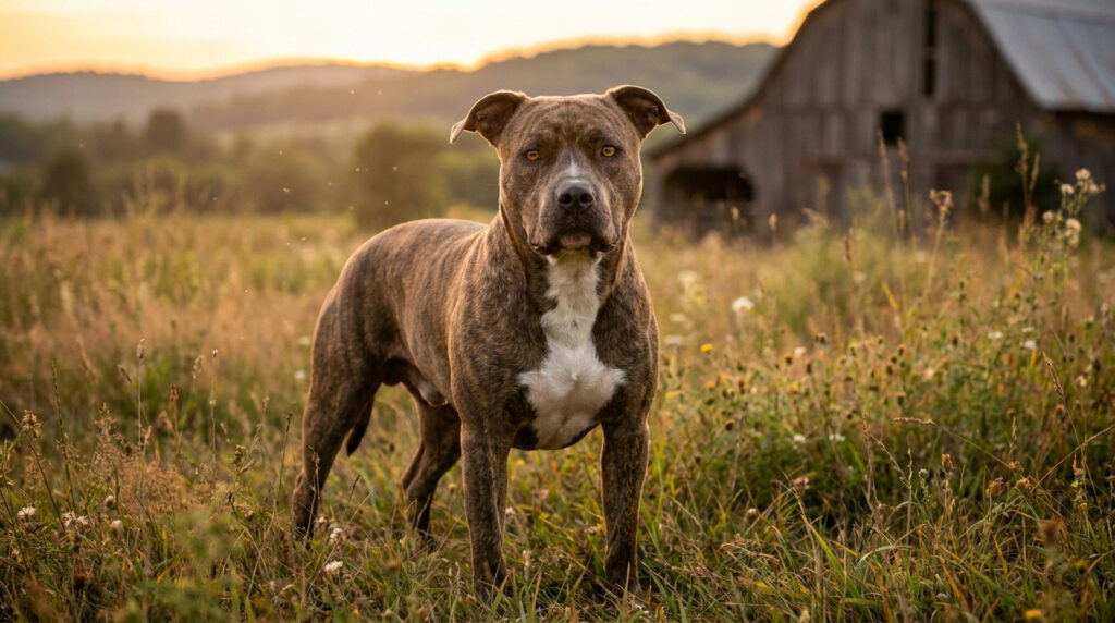 Un chien American Pit Bull Terrier bringé debout dans un champ au coucher du soleil devant une vieille grange en bois.