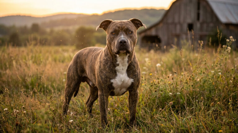 Un chien American Pit Bull Terrier bringé debout dans un champ au coucher du soleil devant une vieille grange en bois.