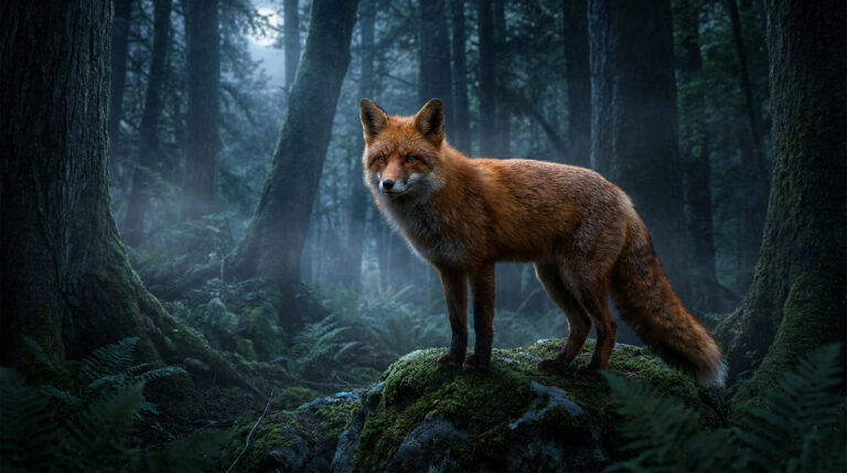 Un renard roux debout sur un rocher couvert de mousse au cœur d'une forêt sombre et brumeuse sous la lune.