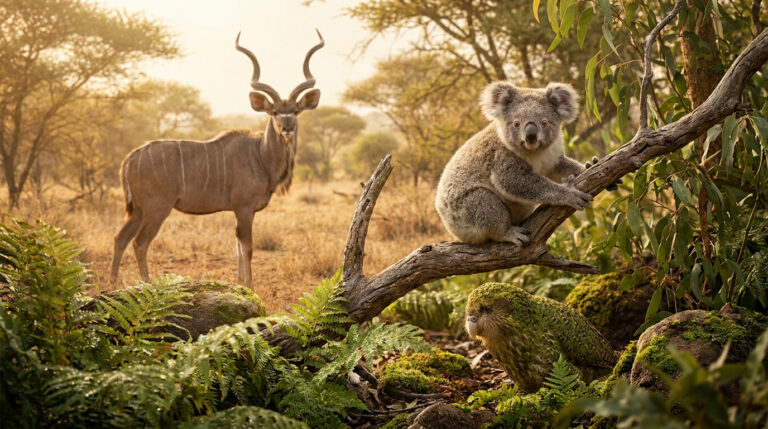 Un koudou, un koala sur une branche et un kakapo dans un décor naturel ensoleillé.