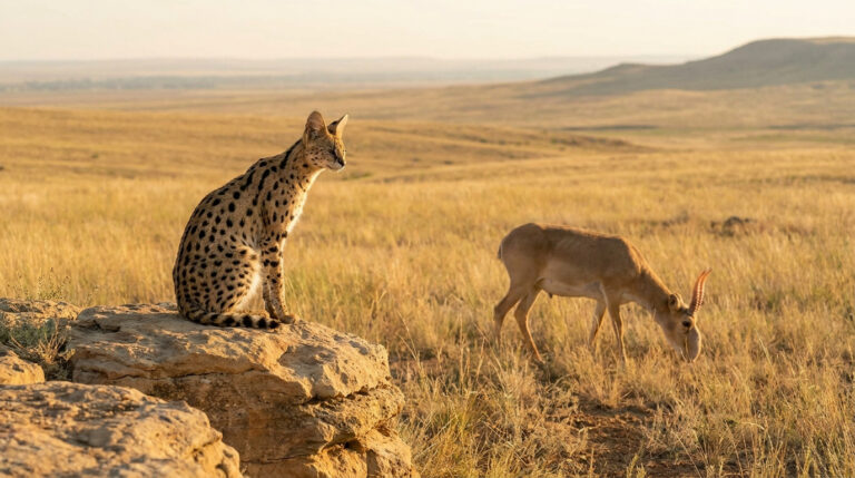 Un serval tacheté est assis sur un rocher tandis qu'une antilope saïga broute dans les hautes herbes au soleil couchant.