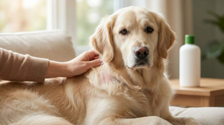 Un propriétaire caresse un golden retriever présentant une zone de peau irritée et rouge sur le cou.
