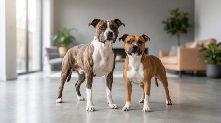 Deux chiens de type Staff debout côte à côte dans un intérieur moderne et épuré.