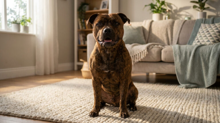Un Staffordshire Bull Terrier bringé assis sur un tapis dans un salon lumineux.