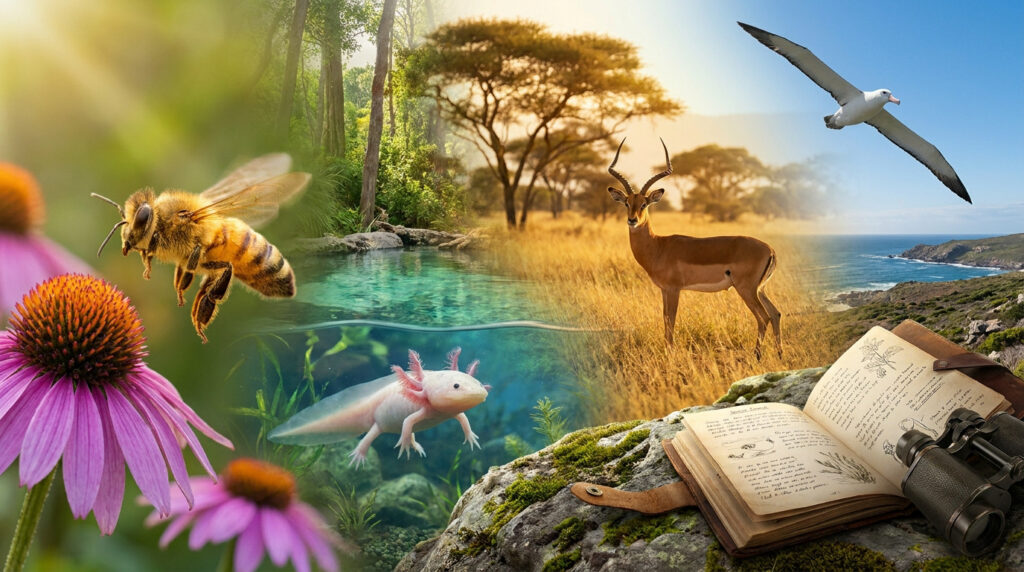 Montage photo montrant une abeille, un axolotl, une antilope et un albatros dans leurs habitats naturels respectifs.