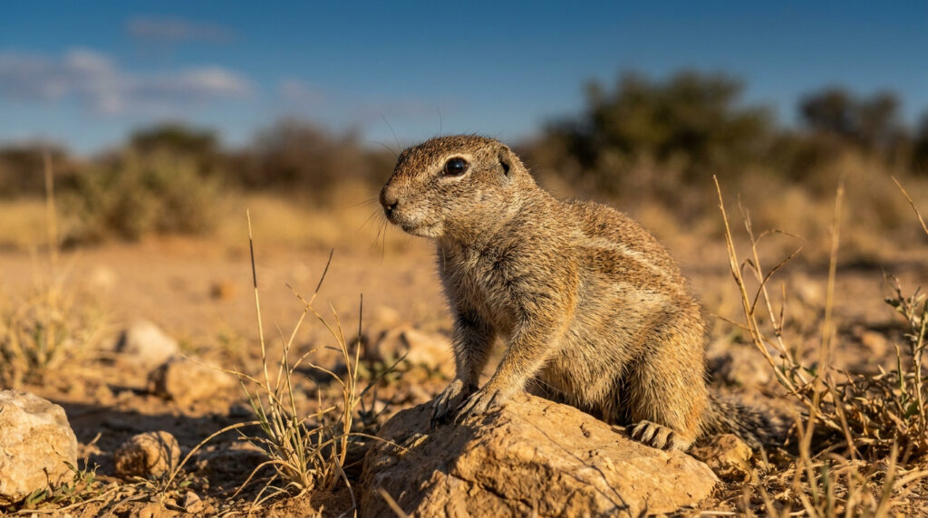 Un xérus, petit rongeur au pelage brun, perché sur un rocher dans un paysage de savane africaine ensoleillé.
