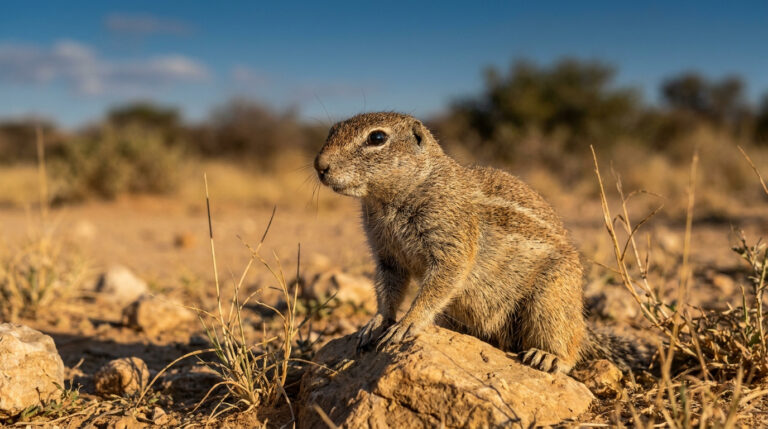 Un xérus, petit rongeur au pelage brun, perché sur un rocher dans un paysage de savane africaine ensoleillé.